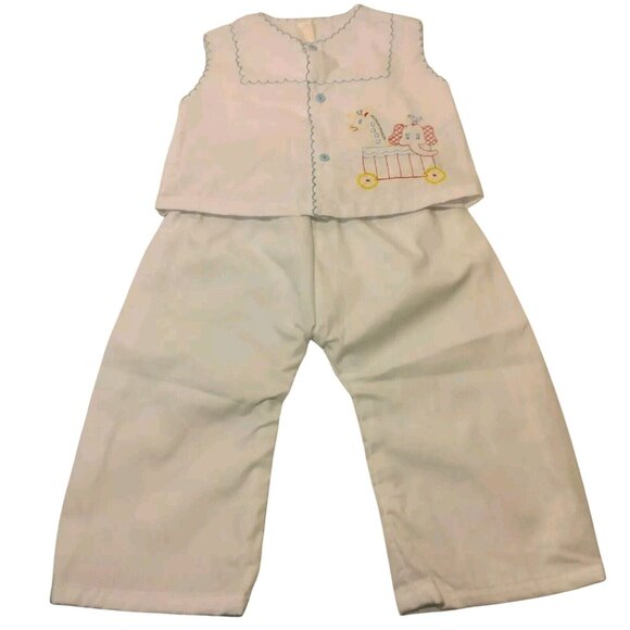 Vintage Baby Outfit White Sleeveless Shirt And Pants White Elephant Giraffe Set - Picture 1 of 10